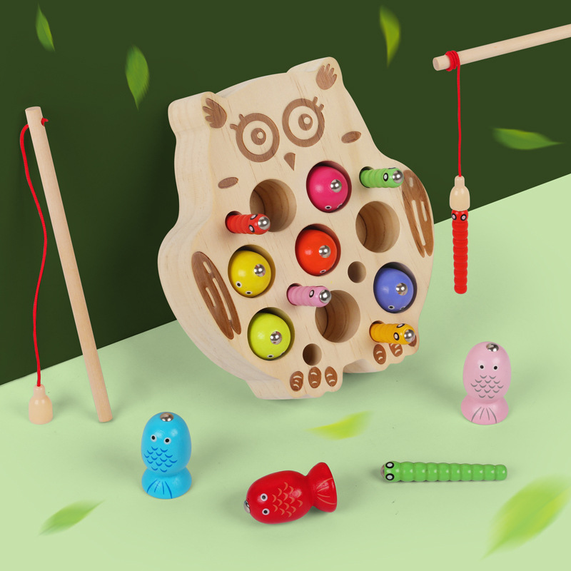 Picture of cpc children's educational toys magnetic kitten fishing games concentration training wooden fishing magnetic toys