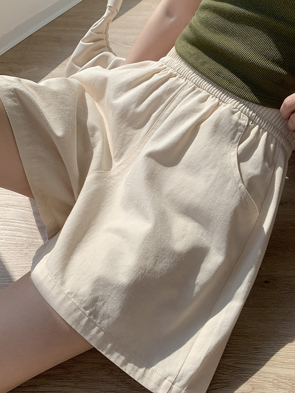 Washed Cotton Tooling Shorts Women's Summer High Waist Dipped Short Casual Loose Slimming A- Shaped Wide-Leg Pants