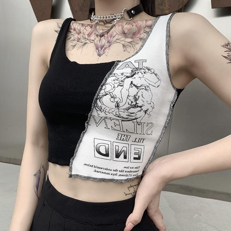 21098 European and American Style Distinctive Stitching Contrast Printed Outer Wear Top Women's Ins Lace Inner Trendy Sling Top for Female Students