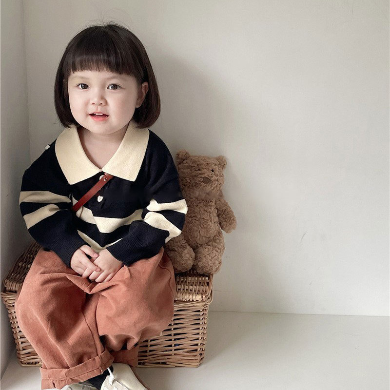 Spring and Autumn Children's Korean-style All-match Sweater Boys' and Girls' Baby Design Sense Casual Niche Striped Lapel Sweater Trendy