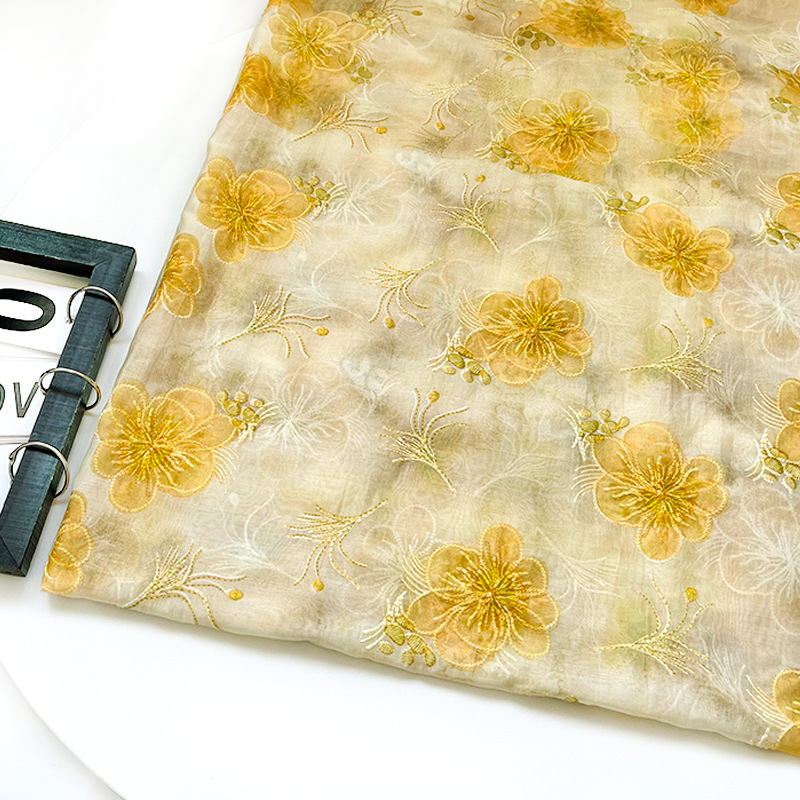 Digital Printed Embroidered Fabric Small Yellow Flower New Chinese Style Hanfu Cheongsam Dress Fabric 1.0m Price