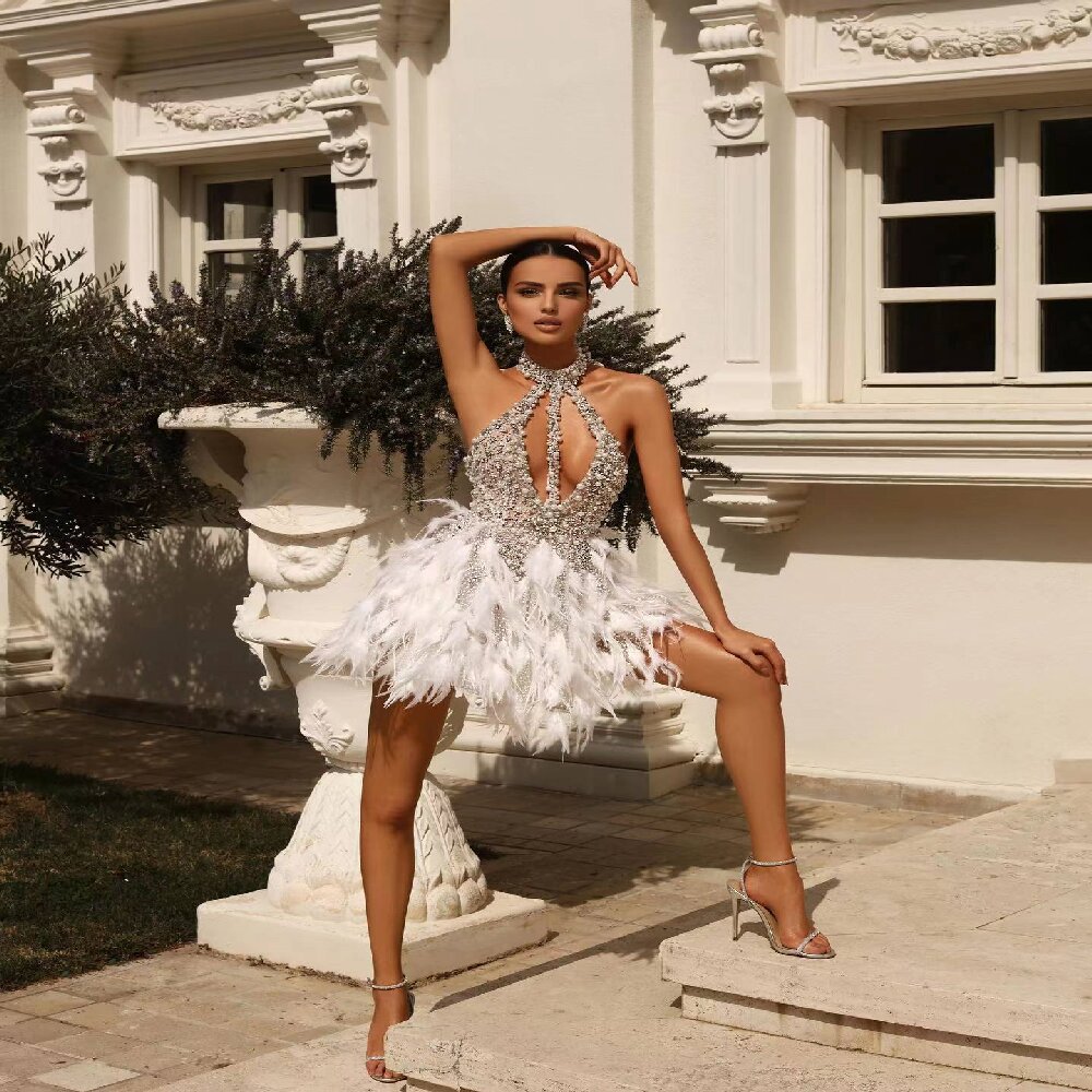 Amazon Cross-Border 2025 New Style Halterneck Beaded Bubble Feather Splicing Mini Dress Sexy Dress