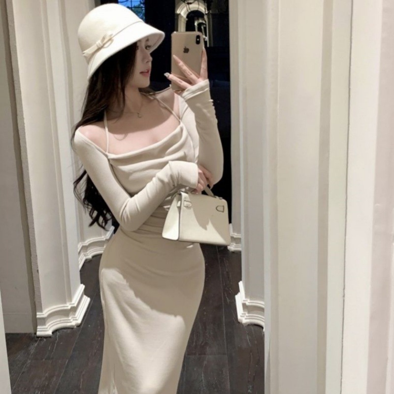 Square Collar Neck dress Women's Winter Light Mature Royal Sister Style Skirt Waist-tight Elegant Hip-wrap Long Skirt Inner Base Skirt