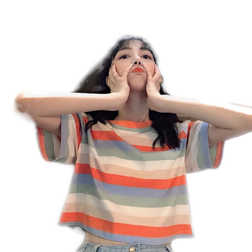 Cross-border Rainbow Striped Short-sleeved T-shirt Women's Summer Loose ins Trendy Short Colorful Large Size Cropped Top for Chubby Girls