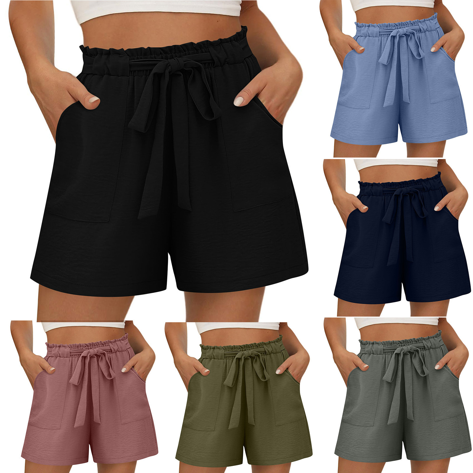 Amazon cross-border elastic lace-up loose casual pants summer temu best selling cotton and linen pocket wide leg shorts women