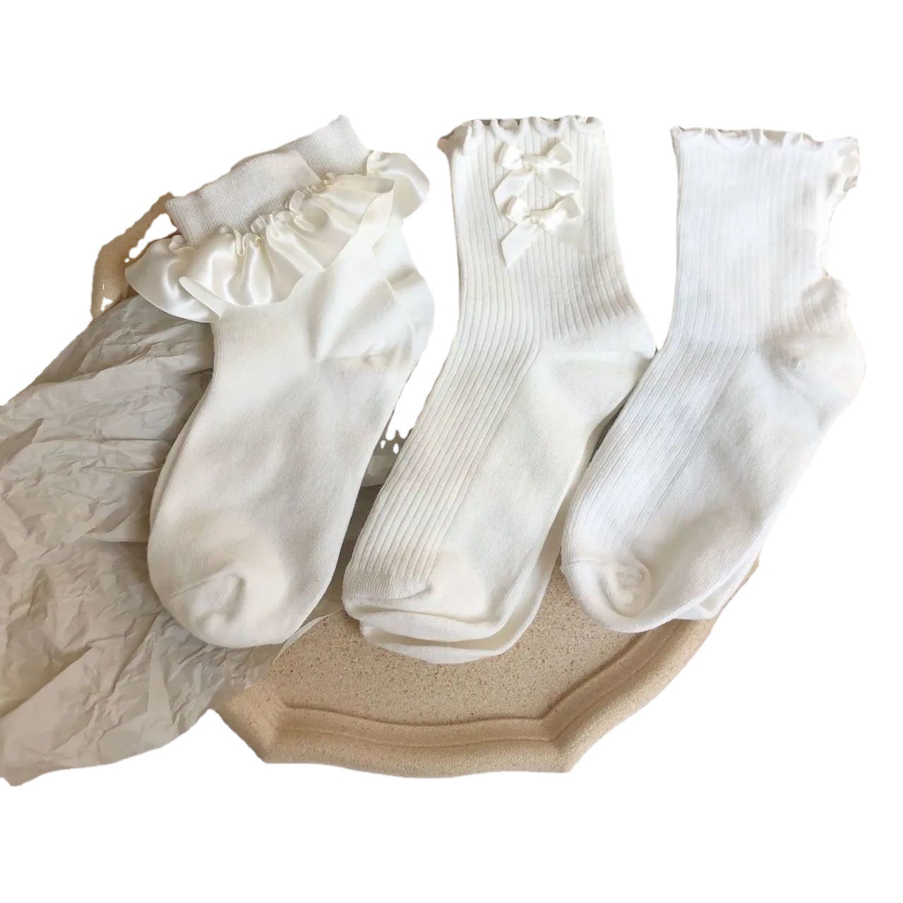 Japanese Style Straps Lolita Bow Lace Pure White Mid-Calf Lace Soft Girl Spring Jk Versatile Cute Thin Socks