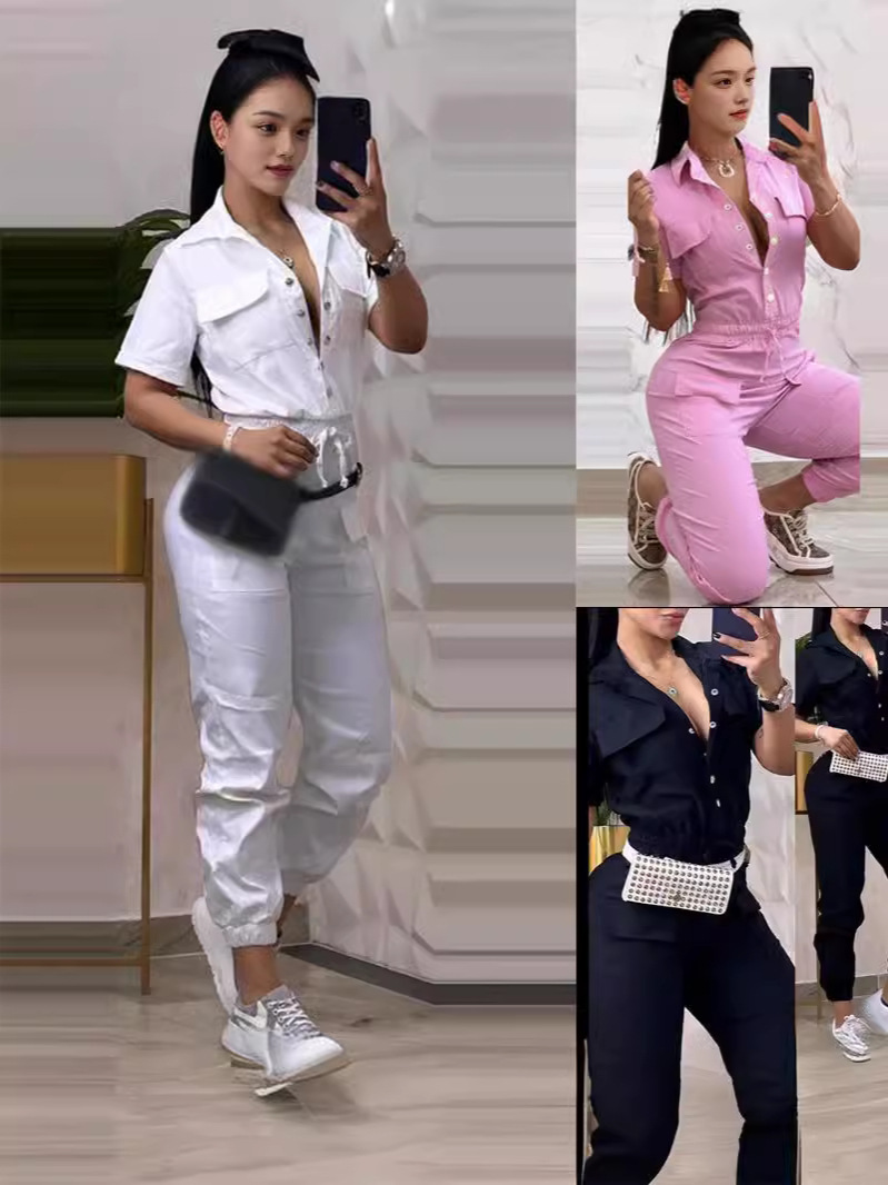 2025 summer cross-border independent station European and American foreign trade women's short sleeve slim waist fashion overalls