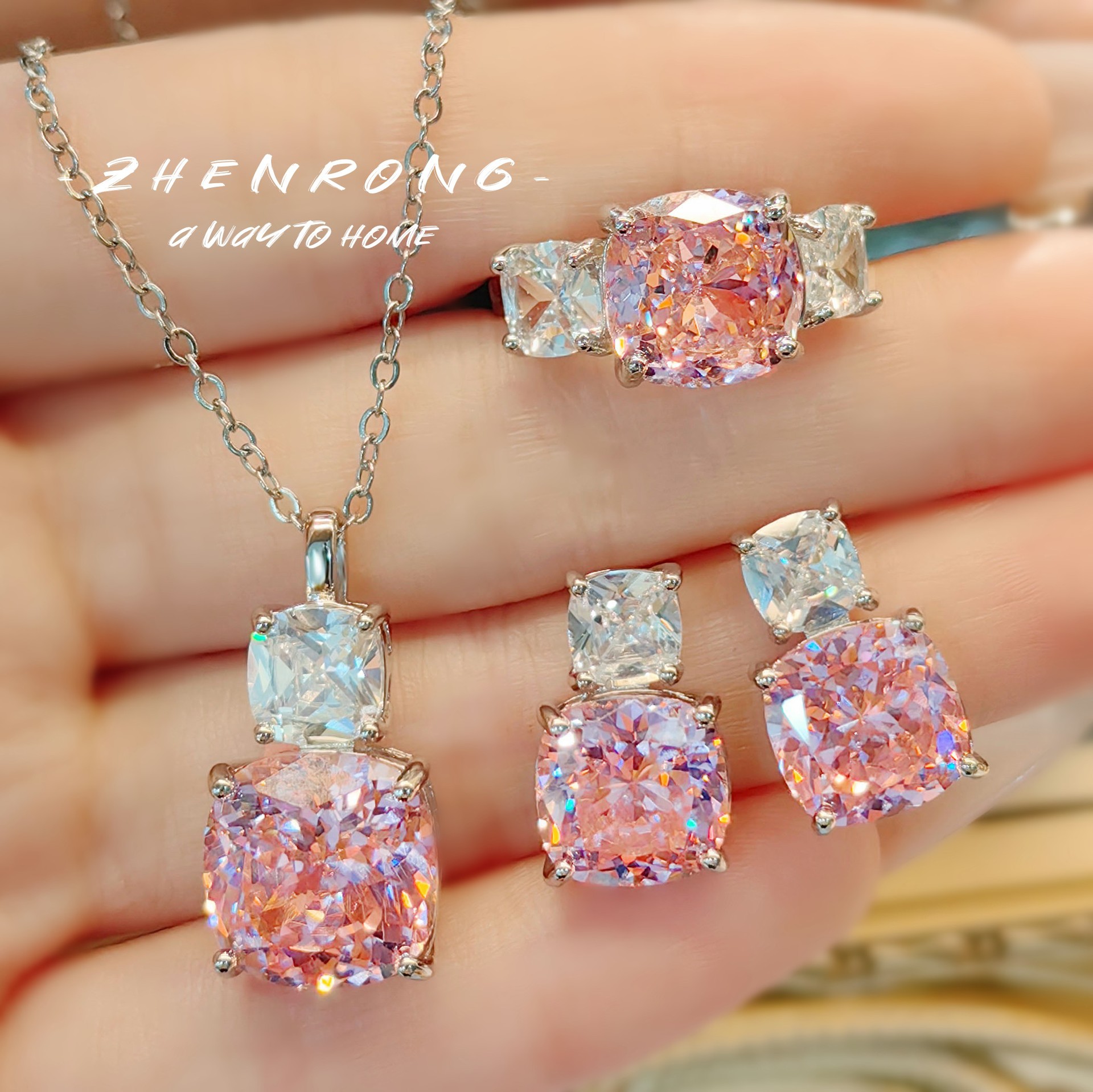 Fashion Versatile Pink Diamond Necklace Purple Pendant Imported High Carbon Diamond Earrings Ice Flower Cut Ring Caibao suit Women