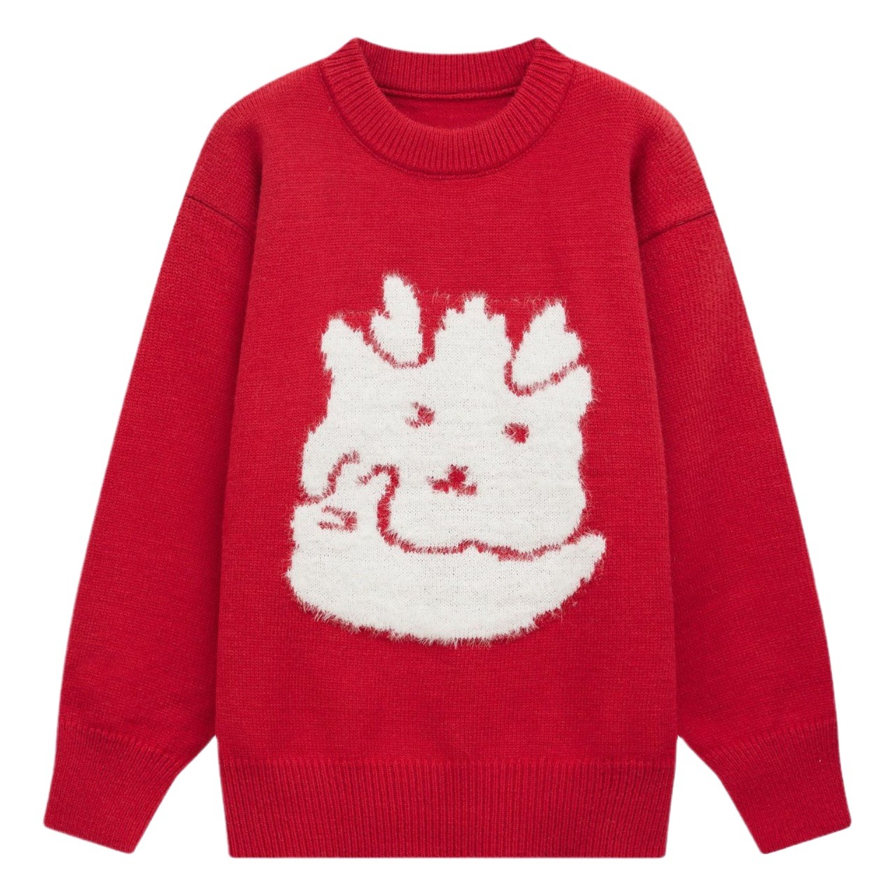 Wholesale Christmas and New Year Retro Dragon Cartoon Jacquard Couple Red Knit Sweater Loose Inner Sweater Round Neck Long Sleeve
