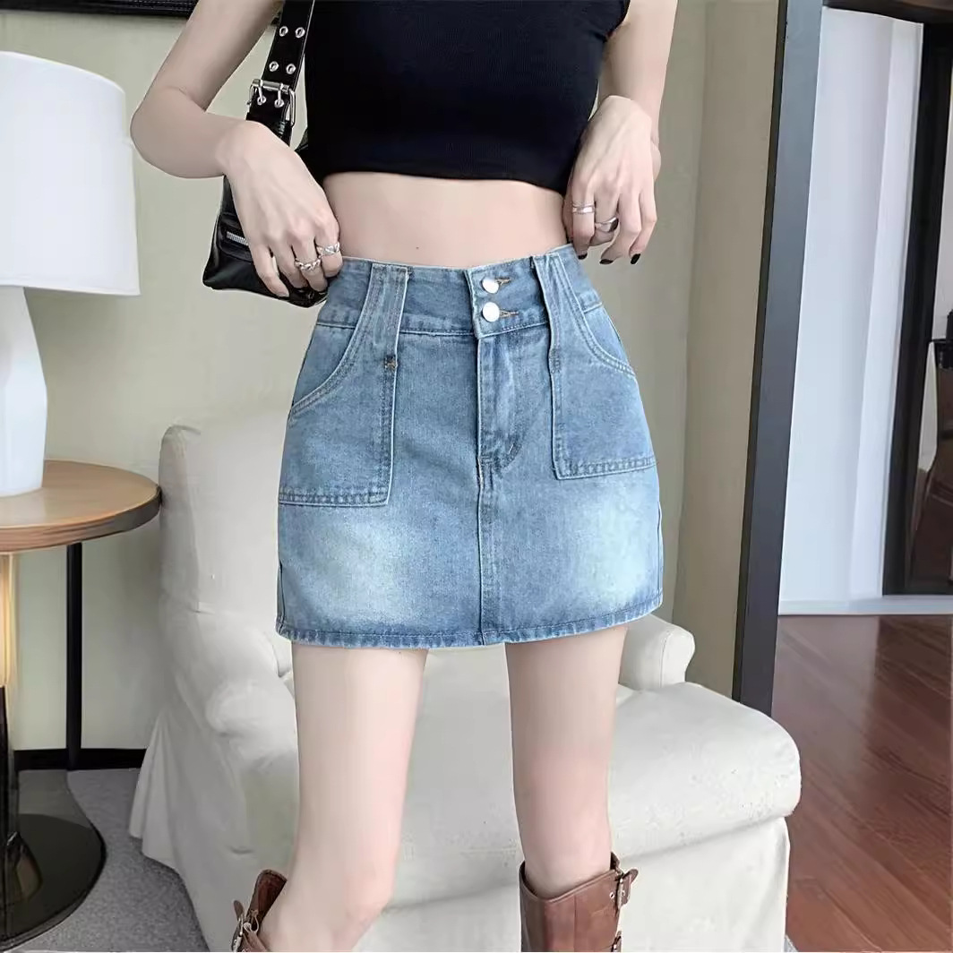 Retro casual summer A- line skirt high waist design elastic hot girl style women's small hip Denim skirt