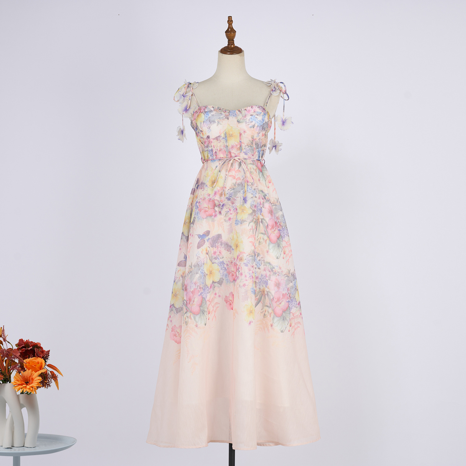 Real Shot of Summer New Style Floral Print Suspender Fishbone Waist Fairy Dress Travel Vacation Skirt