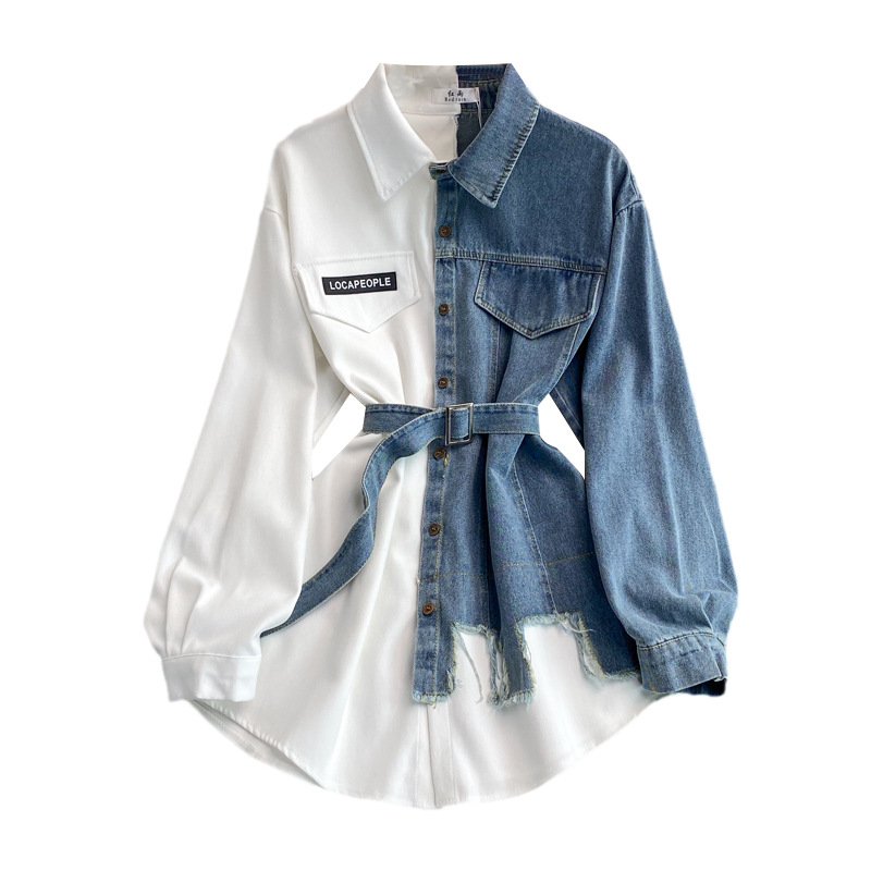 Picture of Cross-Border Denim Splicing Lapel Dress 2022 Spring and Autum New Style Waist Slimming Look Asymmetrical Mid-Length Shirt