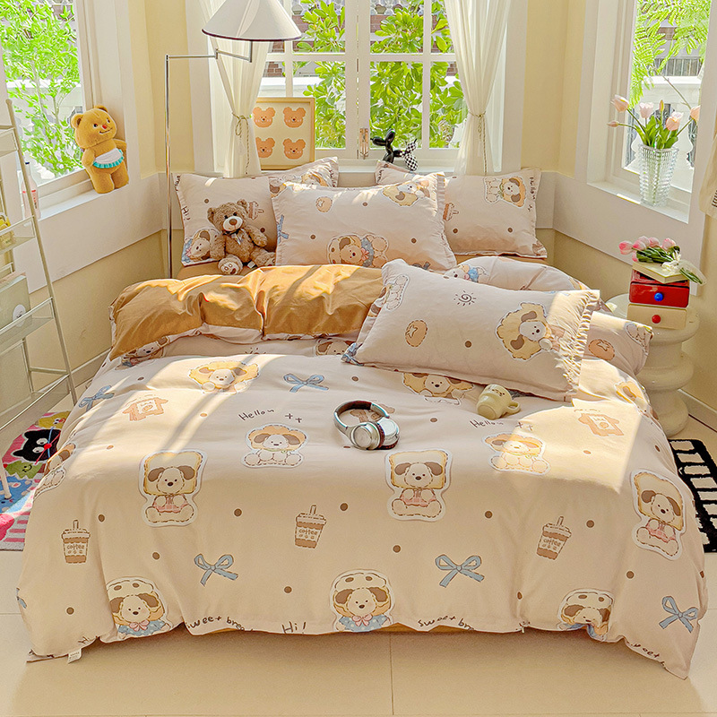Washed Cotton Bed Four-Piece Set of Bed Sheetss, Quilt Cover, Student Skin-Friendly Dormitory Bed Three-Piece Set Wholesale Meituan