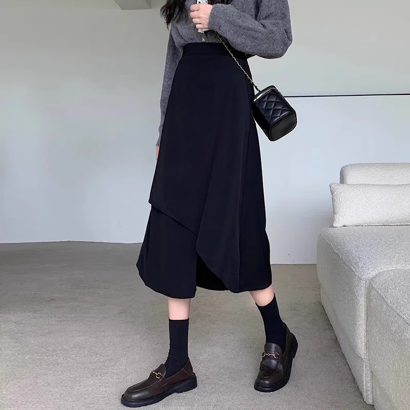 2024 spring plus size chubby girl black skirt high waist crotch umbrella skirt long irregular A- shaped hip skirt