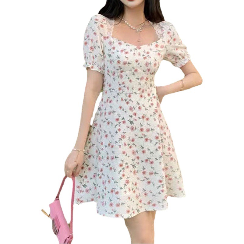 Gentle Style Floral Dress Spring and Summer New French Style Ladylike Mid-Length Waist Slimming Short-Sleeved Tea Break Dress