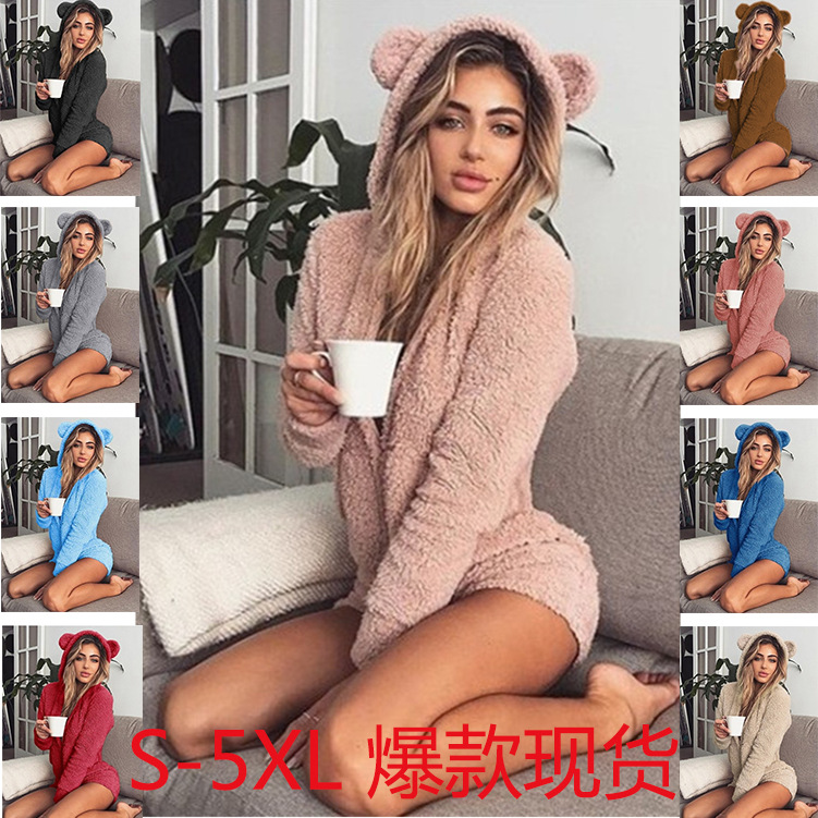 In Stock: Amazon Ebay Aliexpress Autumn and Winter Popular Hooded Long-Sleeved Plush Jumpsuit Slimming Look