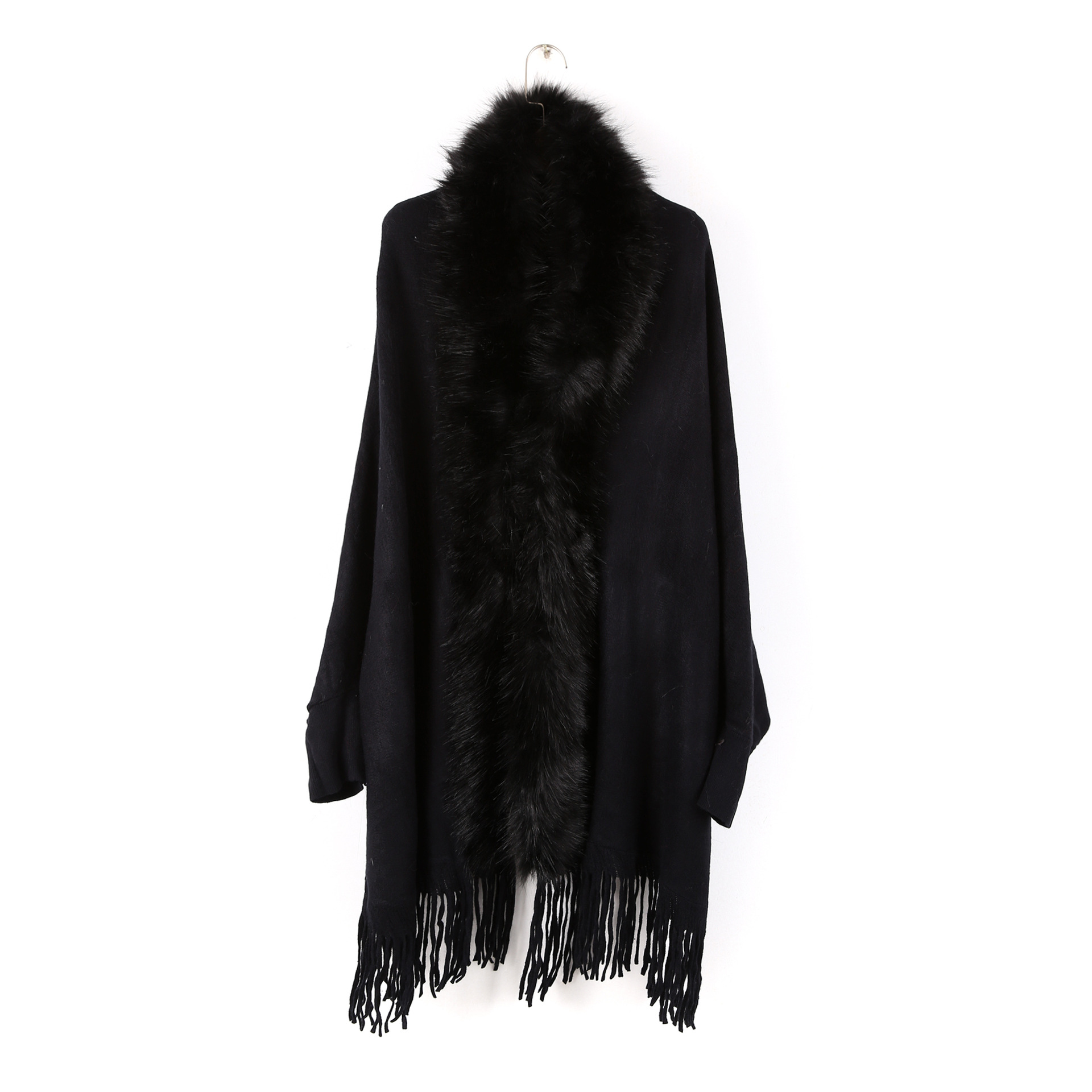 Picture of Autumn and Winter New Fashion Women's Cape Cardigan Artificial Fur Solid Color Sleeve Long Tassel Hem Cape Wholesale