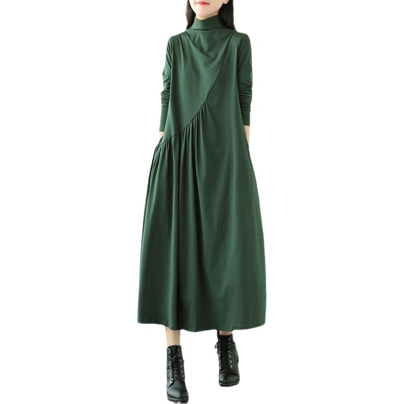 Base Long Sleeve Dress 2022 Autumn New Artistic Retro Ethnic Style Loose All-match Half-high Collar Midi Dress