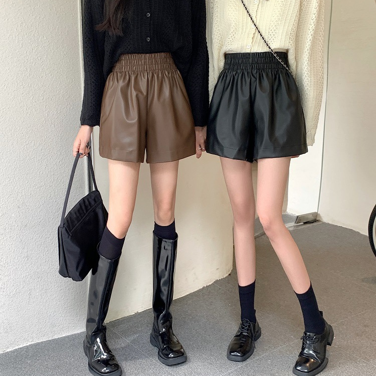plus size chubby girl High Waist Leather Shorts Women's Autumn 2024 Black A- line Wide Leg PU Leather Pants