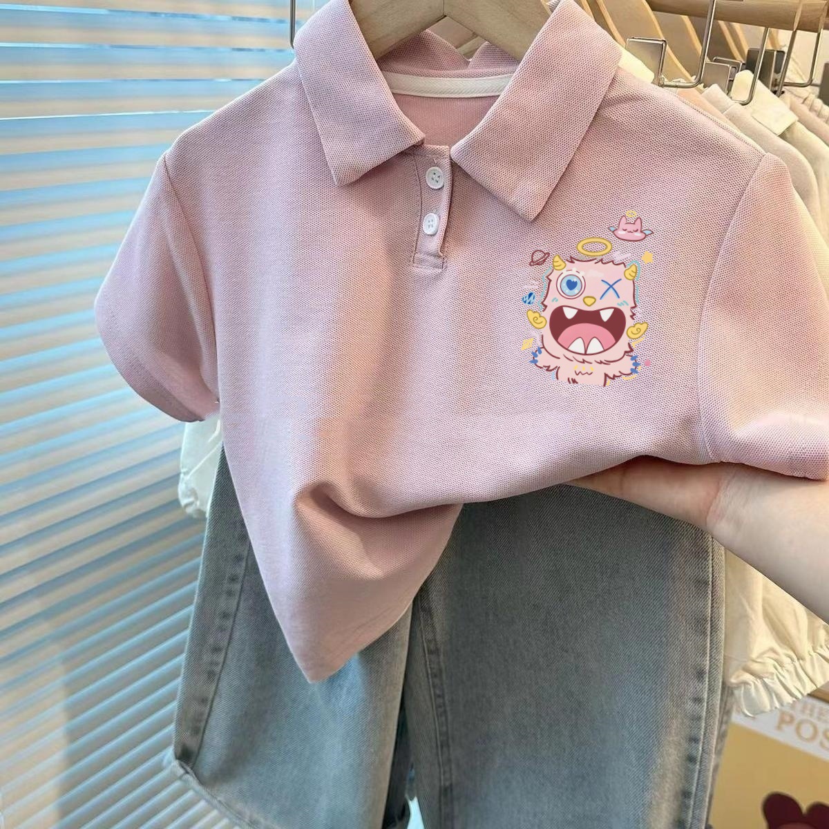 Picture of Summer Kidsren's Short-Sleeved Polo Collar T-Shirts for Boys and Girls Cartoon Casual Summer Clothes Korean Style Middle School Students Lapel Tops