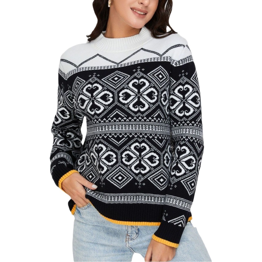 Cross-border autumn and winter New long sleeve half turtleneck retro niche geometric pattern jacquard sweater knitwear women's top