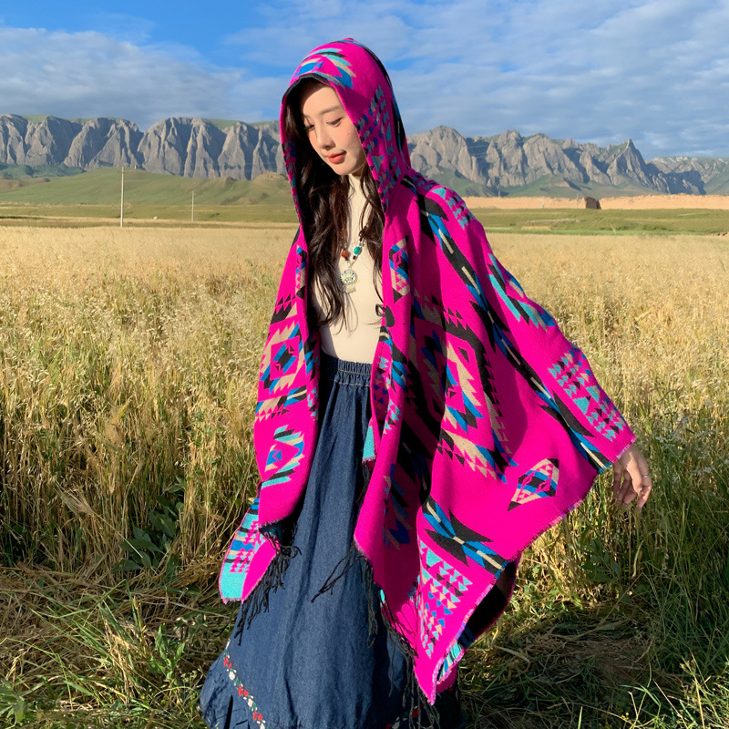 Picture of Spring Casual All-match Distinctive Ethnic Style Tassel Scarf Holiday Play Fashion Comfortable Warm Hooded Cape