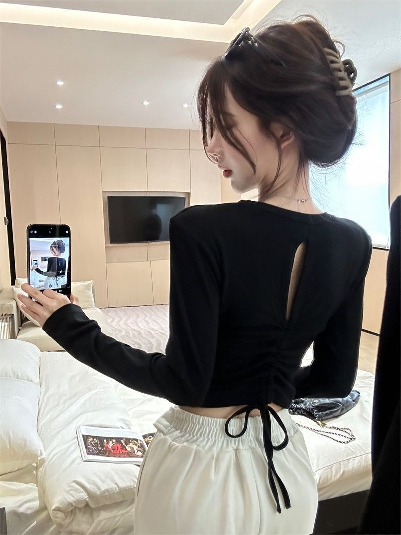 Cross-border Black Design Sense Niche Hollow Backless Long-sleeved T-shirt Women's Korean-style Slim-fit Short Top Ins