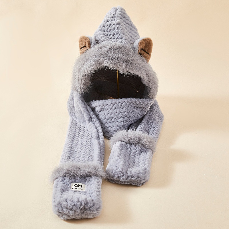 Picture of New Bear Hat Winter Hat Cute Warm Thickened Scarf Integrated Ear Protection Hat Three-Piece Set Cycling Cold Protection Hat