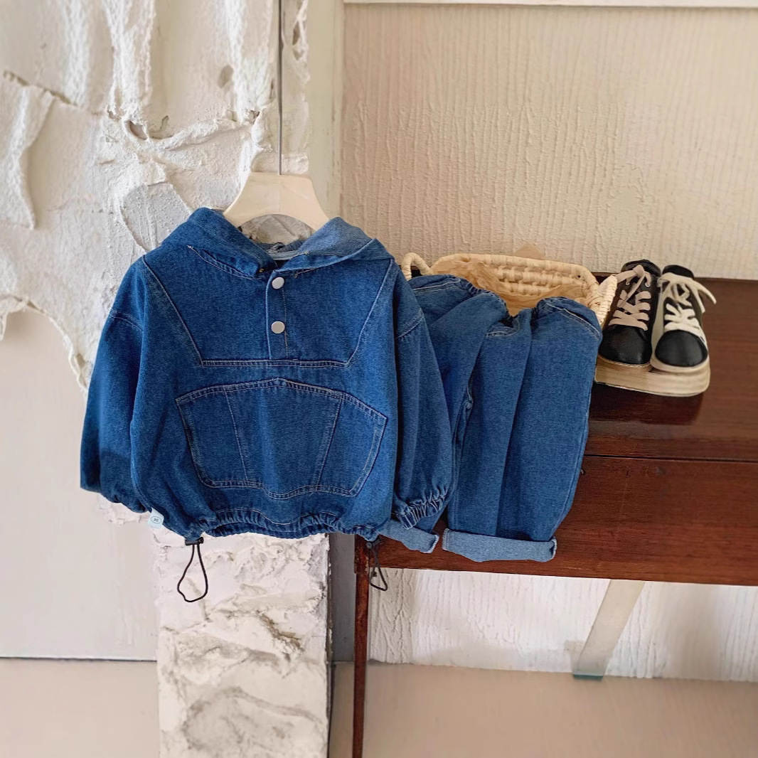 Children's Denim suit 0-3 Years Old Baby Boys and Girls Autumn Western-style Hoodie Solid Color Jeans Two-piece Fashionable