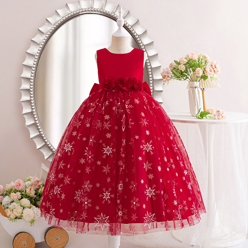 Picture of New Girls dress Stars Printed Sleeveless Princess Dress Flower Mesh Wedding Little Bridesmaid Children's Dress
