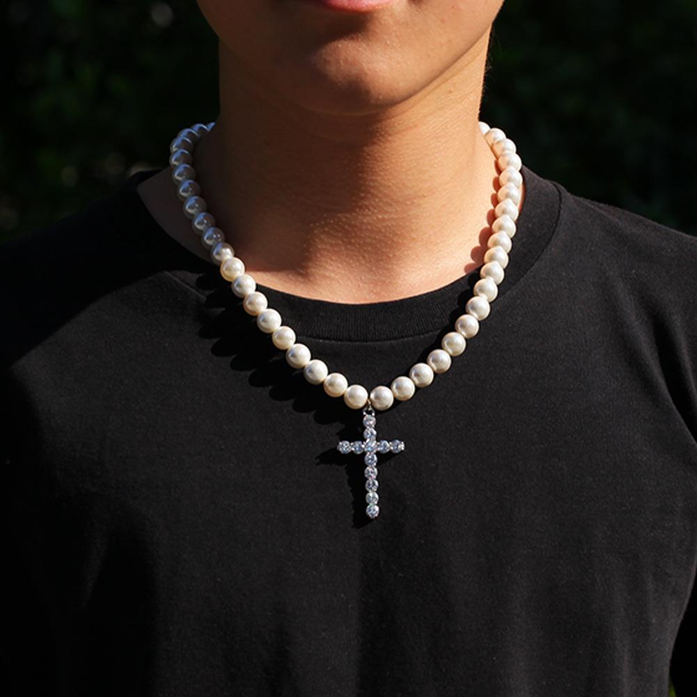Picture of Japanese and Korean ins cold style pearl necklace men and women trendy cool personality diamond cross pendant couple jewelry manufacturer