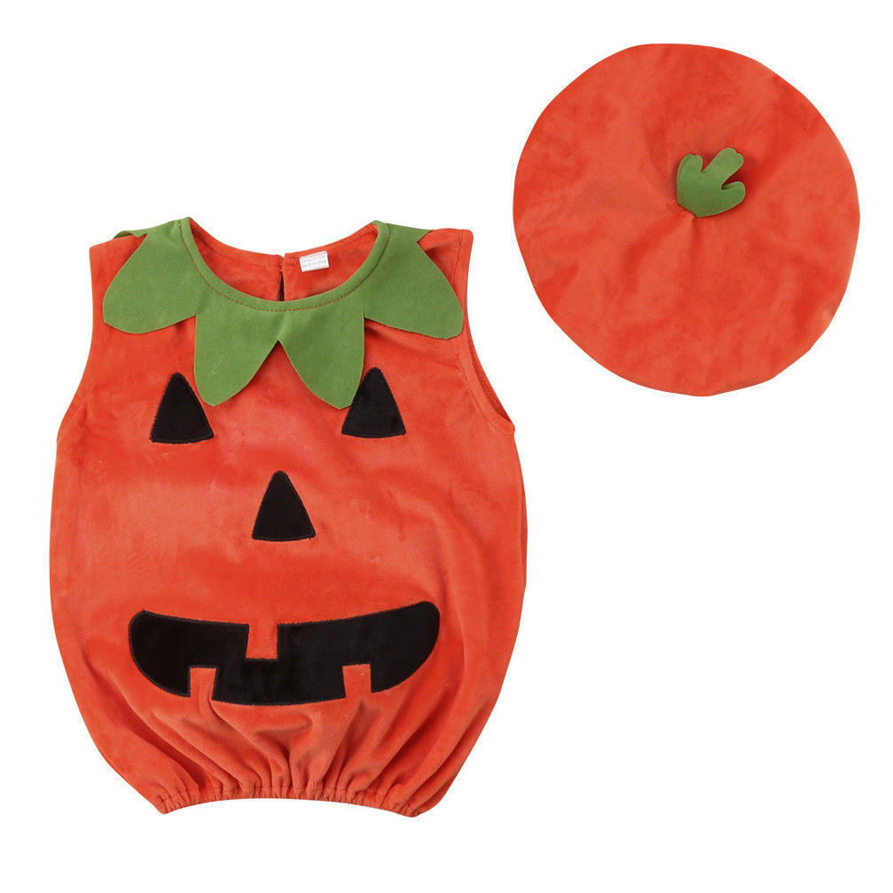 Picture of ins New Baby Halloween New Children's Wear Cute Round Neck Sleeveless Pumpkin Hatshirt Clamping Clothes with Hat