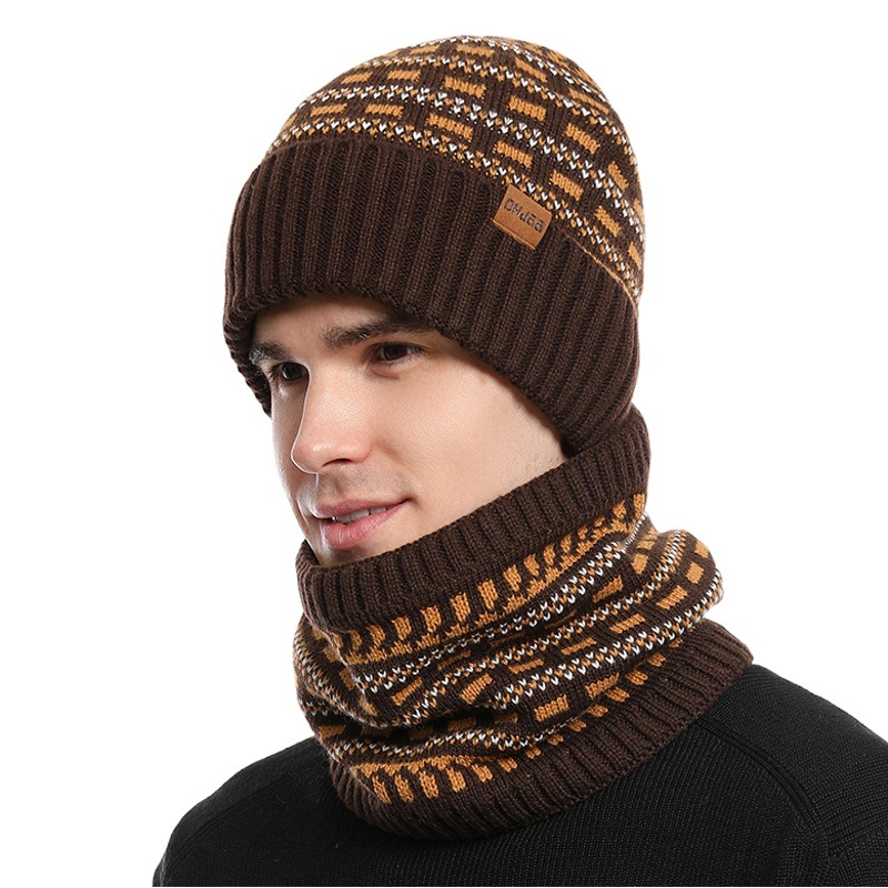 2025 European and American Autumn and Winter Men's Warm Woolen Hat Knitted Thickeneded Adult Hat Neck Scarf Gloves Three-Piece Set Manufacturer