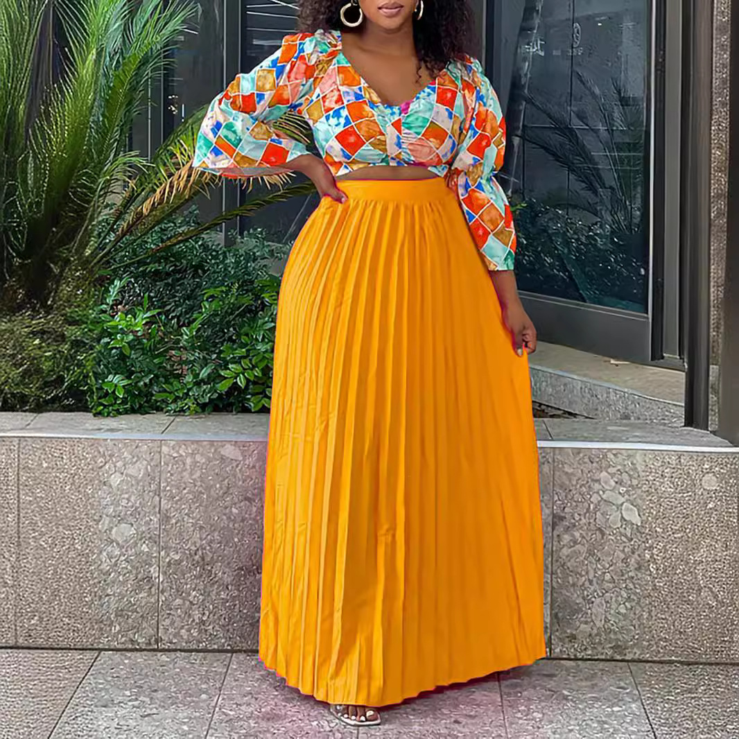 Europe Africa Export Cross-border Africa Two-piece Short Printed Top All-match Pleated Skirt for Women