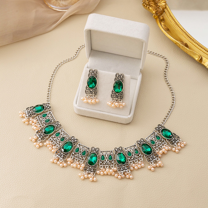 European and American Cross-border Retro Emerald Earrings Women's Ethnic Style Square Tassel Rice Bead Pendant Jewelry suit