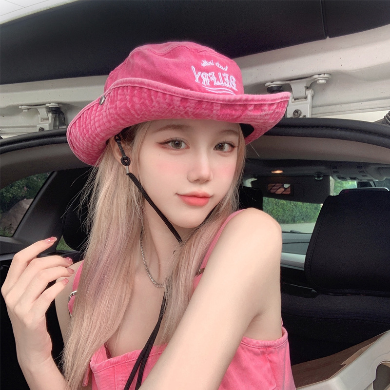 Picture of Japanese ins White Rose Pink Embroidered Fisherman Hat Children's Summer Sunshade Sunscreen Hat Outdoor Camping Hiking Hat