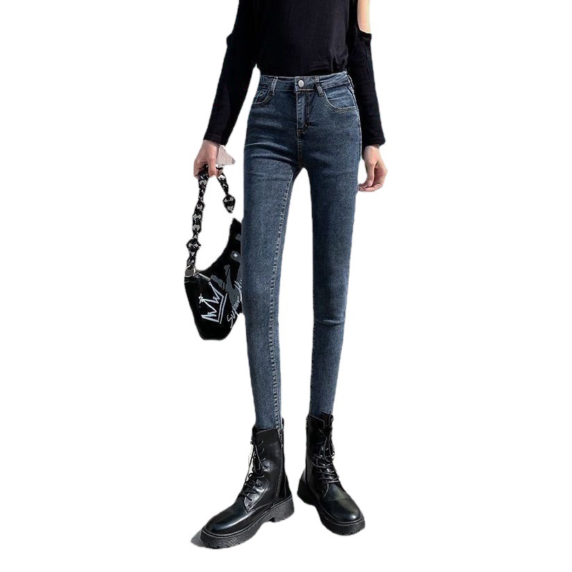 Picture of Fleece-lined jeans women's loose high waist slimming 2021 autumn and winter New outdoor wear versatile straight stretch pencil
