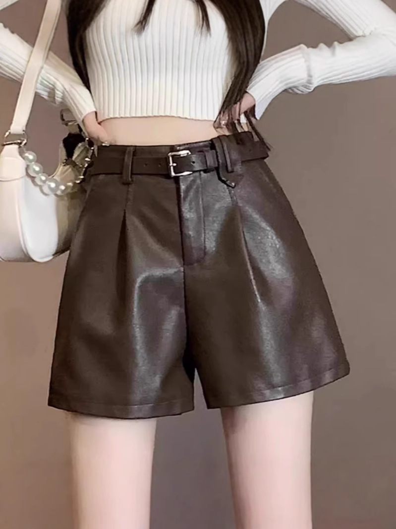 2024 Autumn and Winter New PU Leather Wide Leg Shorts Women's High Waist Slimming Design Sense Casual Loose Base Leather Boots Pants
