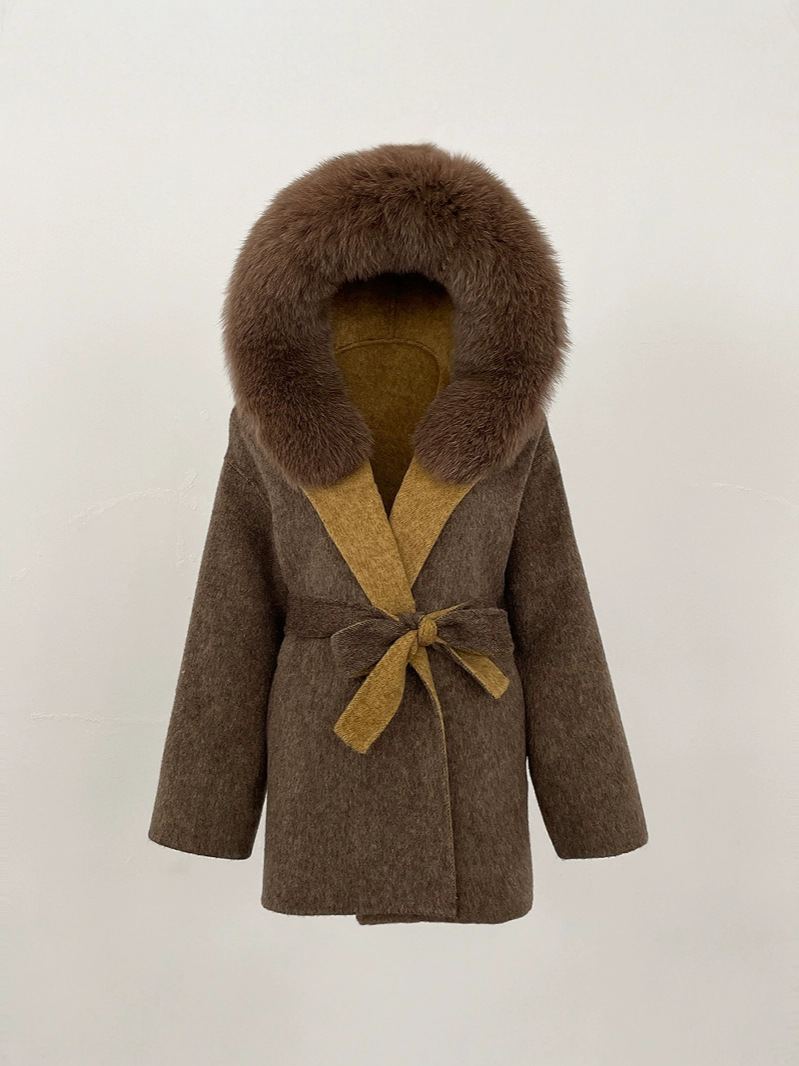 Picture of New Hooded Color-Blocked Fox Fur Collar Autumn and Winter Double-Sided Wool Outwear Women's Cloak Waist Thickeneded Woolen Outwear