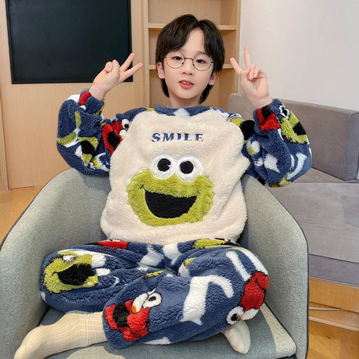 Picture of Autumn and Winter Plush Children's Pajamas Boy's Cute Cartoon Thickened Warm Coral Fleece Children's Home Clothes