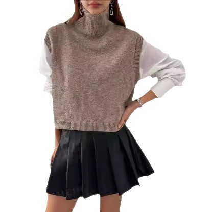 Picture of High-Neck Knitted Vest for Women, Korean Style, Loose Casual Sleeveless Sweater, Outerwear Layering Vest, Wool Blend