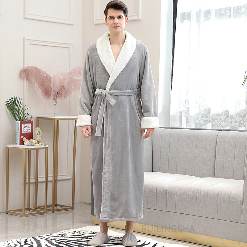 Picture of Couple Autumn and Winter Thickeneded Warm Flannel Nightgown Women's Long Men's Large Size Coral Velvet Bathrobe Zipper Pajama Dress
