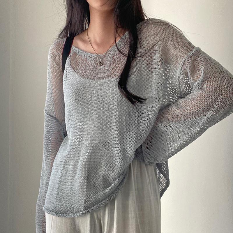 Korean Chic Summer French Retro Lazy Style Loose Long-Sleeved Cut Out Thin Knitted Sun Protection Blouse Top for Women