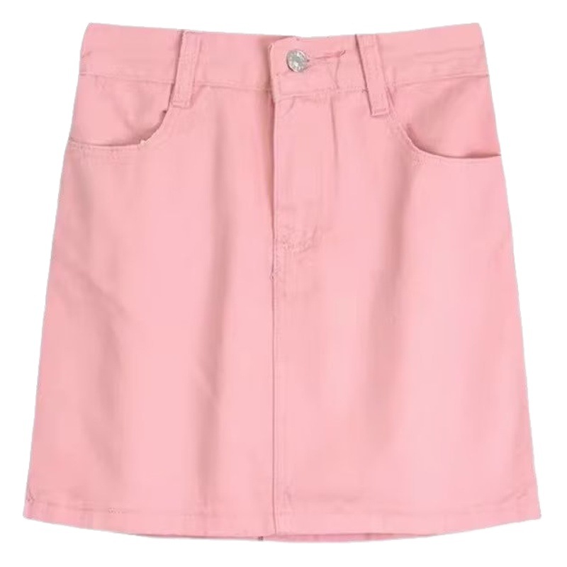 Rose Red Pink Denim Skirt Women's Summer Pear-shaped Body Hip Covering Slimming High Waist All-match A- line Hip Skirt