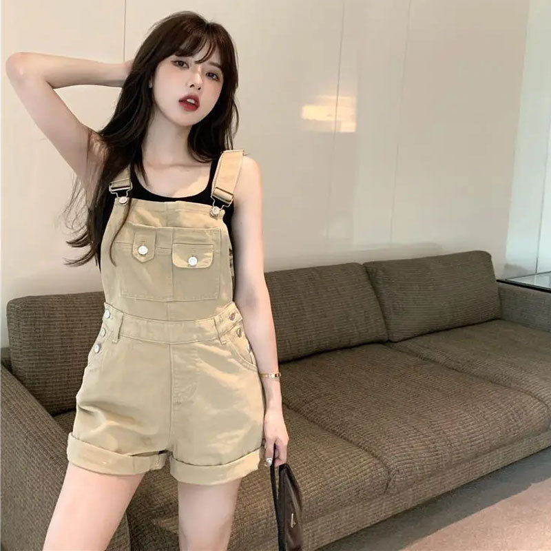 Women's Summer New Age-reducing Denim Strap Pants Women's Design Sense Straight Tube Curled Short Pants with Wide Legs for Small Women