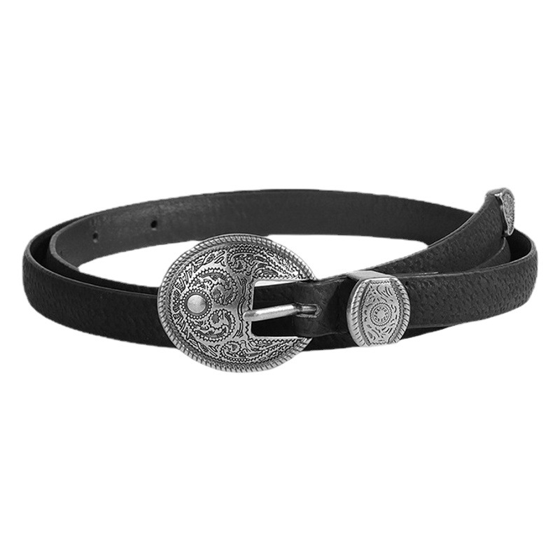 New Women's Vintage Carved Ancient Silver Buckle Western-style Genuine Leather Thin Belt Pig Peel Edge All-match Fashion Belt