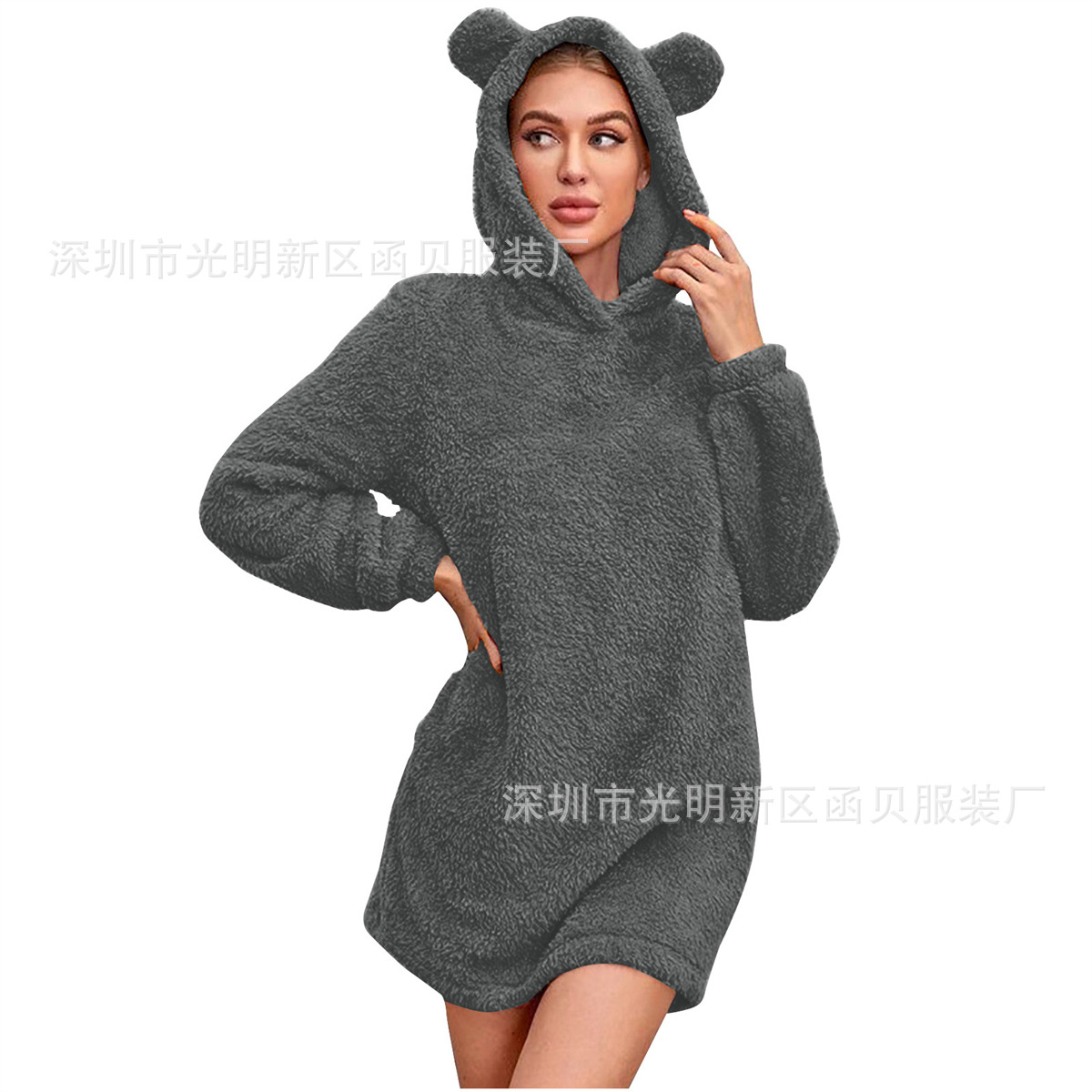 Picture of European and American Cross-border Amazon 2024 Autumn and Winter New Ear Hooded Loose Plush Long Sleeve Women's Wei Skirt Coat