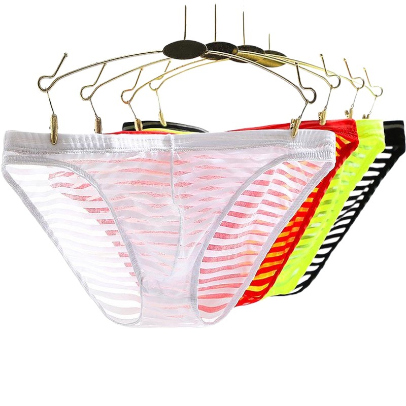 Junye Men's Mesh Transparent Briefs Thin Breathable Bag Striped Underwear Summer Trendy Young Men's Briefs