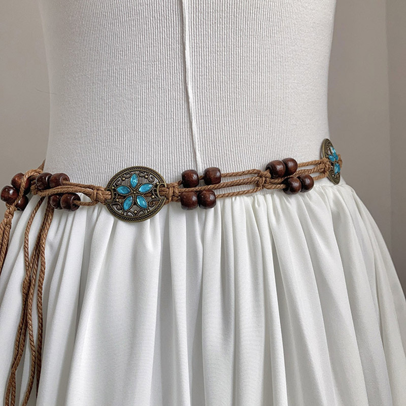 Picture of Ethnic style women's belt acrylic turquoise woven women's belt handmade wax rope wooden beads gem woven waist chain