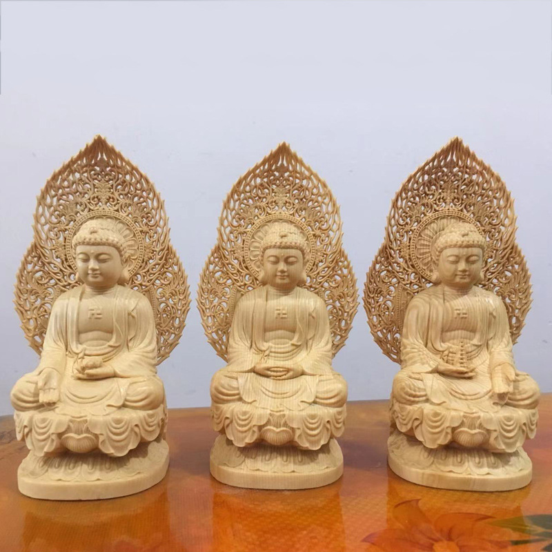 Boxwood Carving Backlight Three Treasures Buddha Sakyamuni Amitabha Pharmacist Buddha New Chinoiserie Buddha Statue Crafts Ornaments